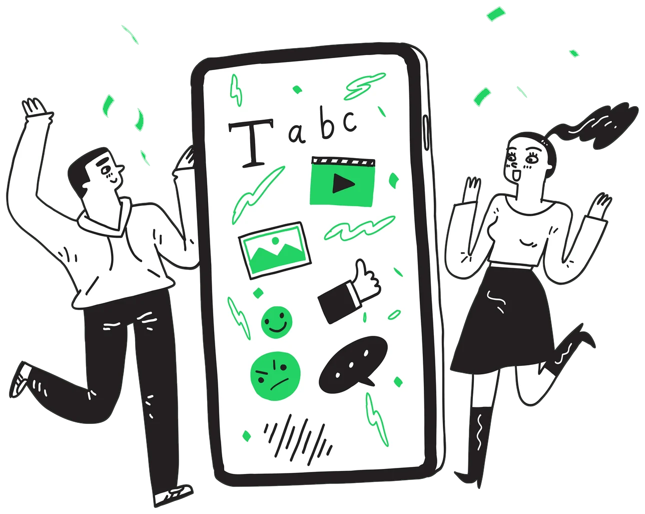 Duas pessoas comemorando ao lado de um celular cheio de mensagens