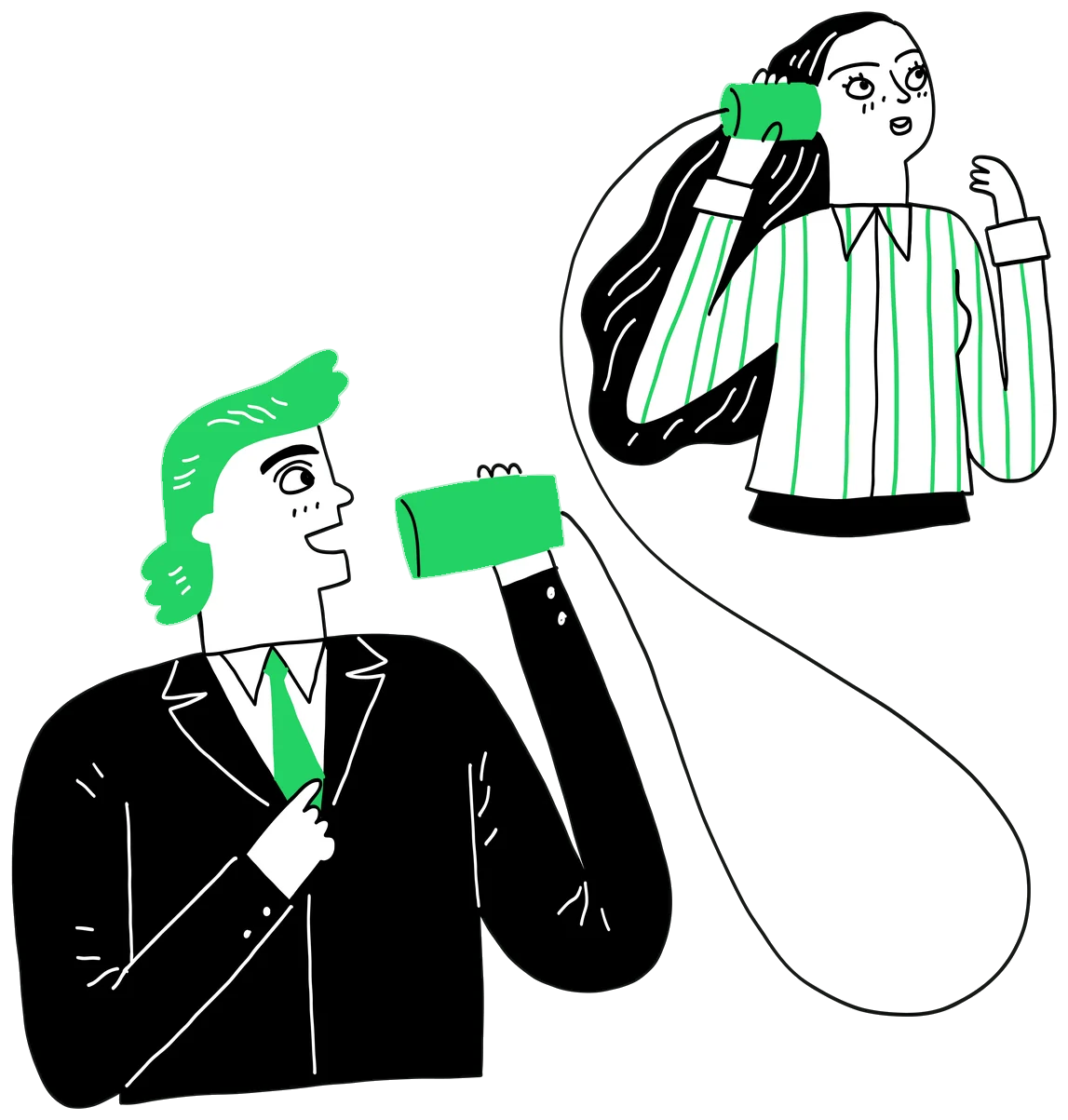 Homem e mulher conversando por um telefone de lata